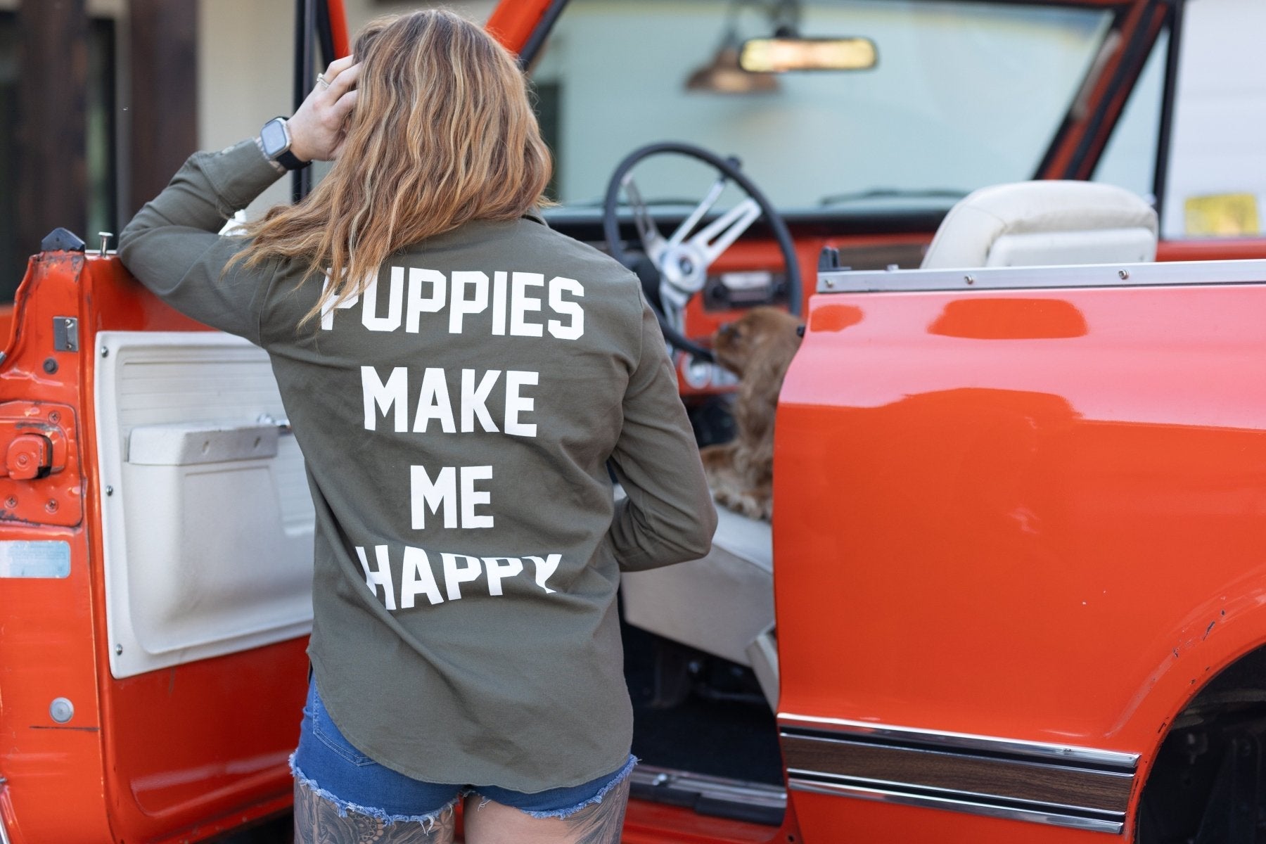 Puppies Make Me Happy Military Button Up | Present For Dog Lover | Made in USA