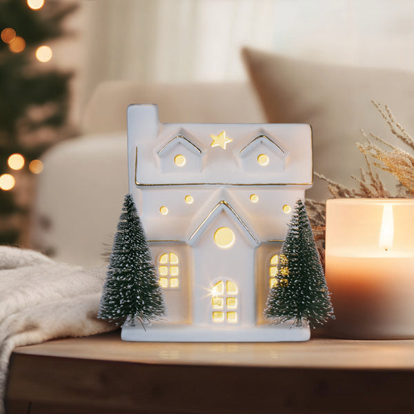 Lit Ceramic House With Trees - Southlake Paws