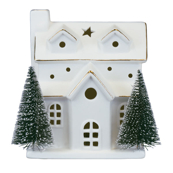Lit Ceramic House With Trees - Southlake Paws