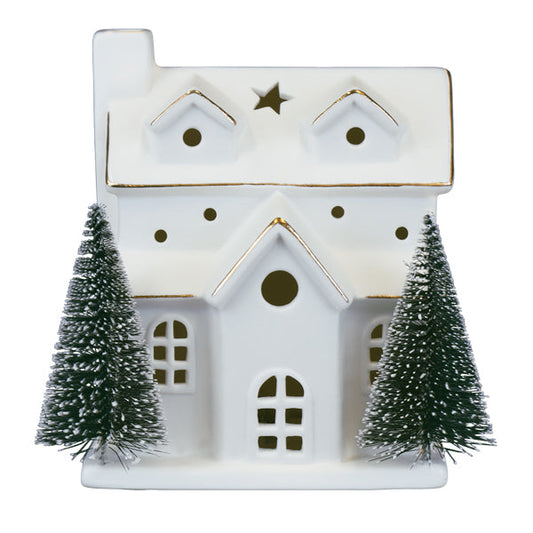 Lit Ceramic House With Trees - Southlake Paws