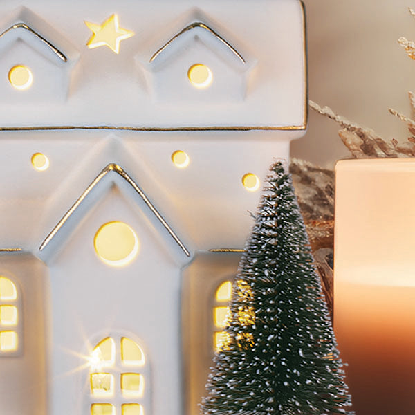 Lit Ceramic House With Trees - Southlake Paws