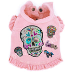 Sequin Day of the Dead Denim Dog Jacket Pink Denim with Ruffles