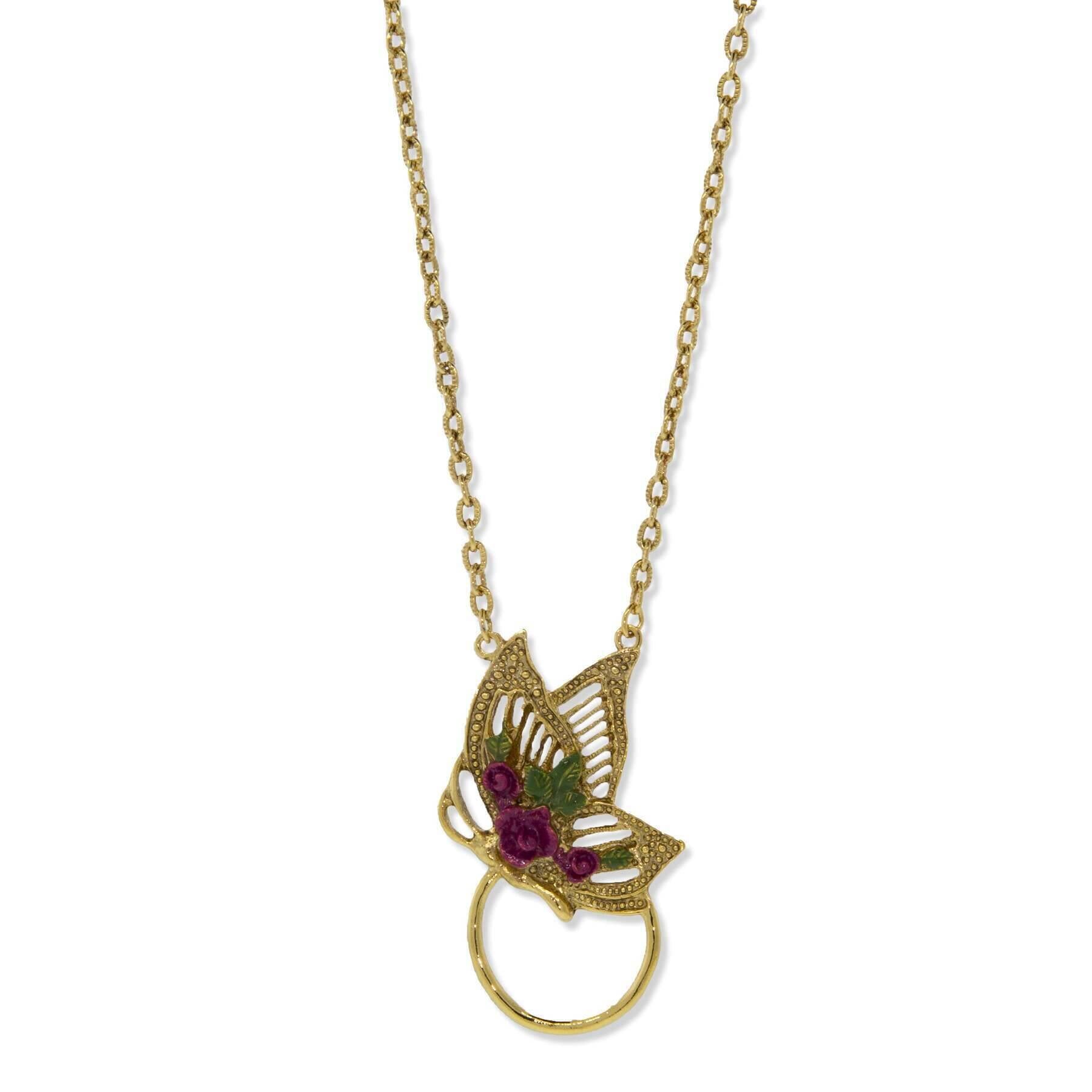 Floral Enamel Butterfly Badge & Eyeglass Holder Chain Necklace 28"