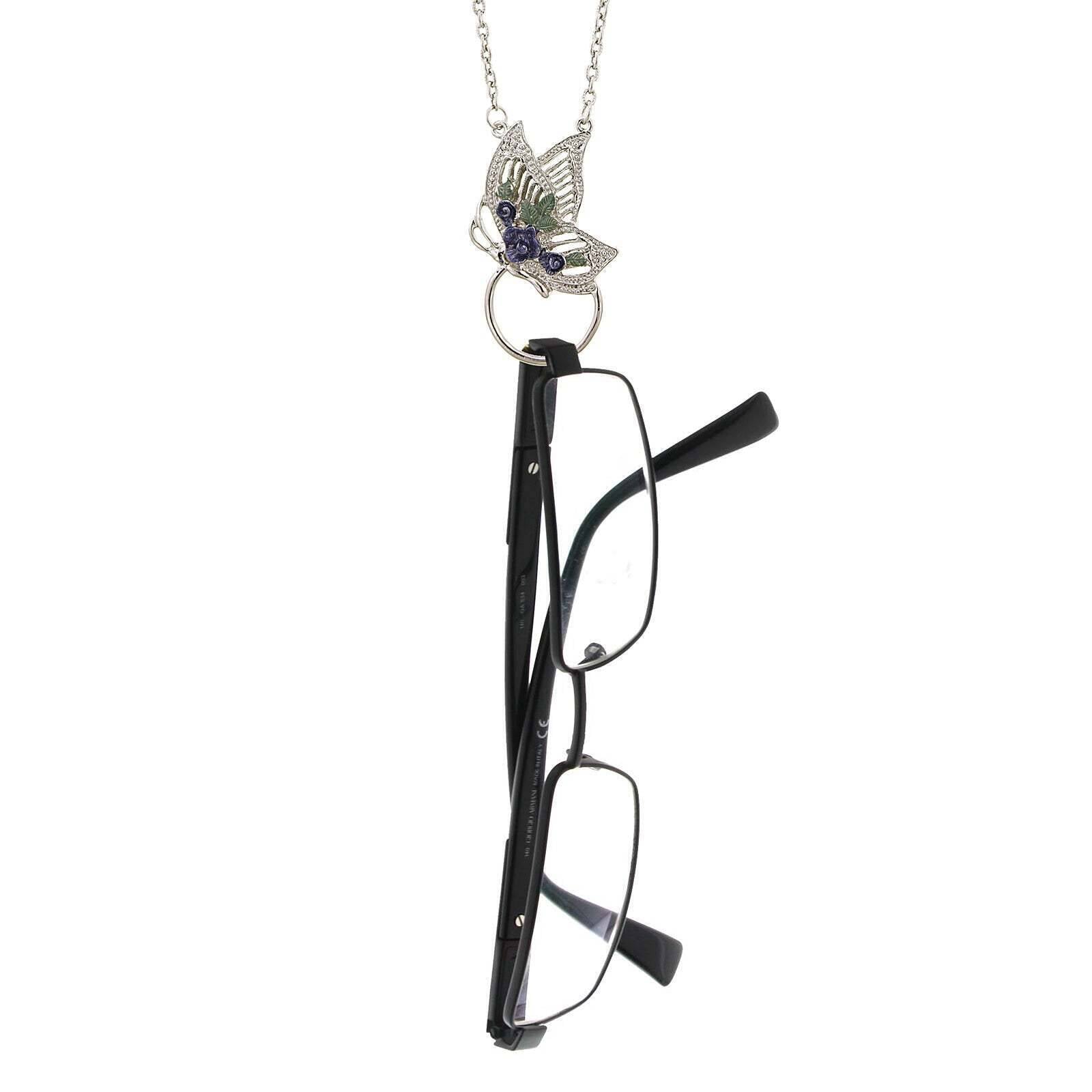 Floral Enamel Butterfly Badge & Eyeglass Holder Chain Necklace 28"