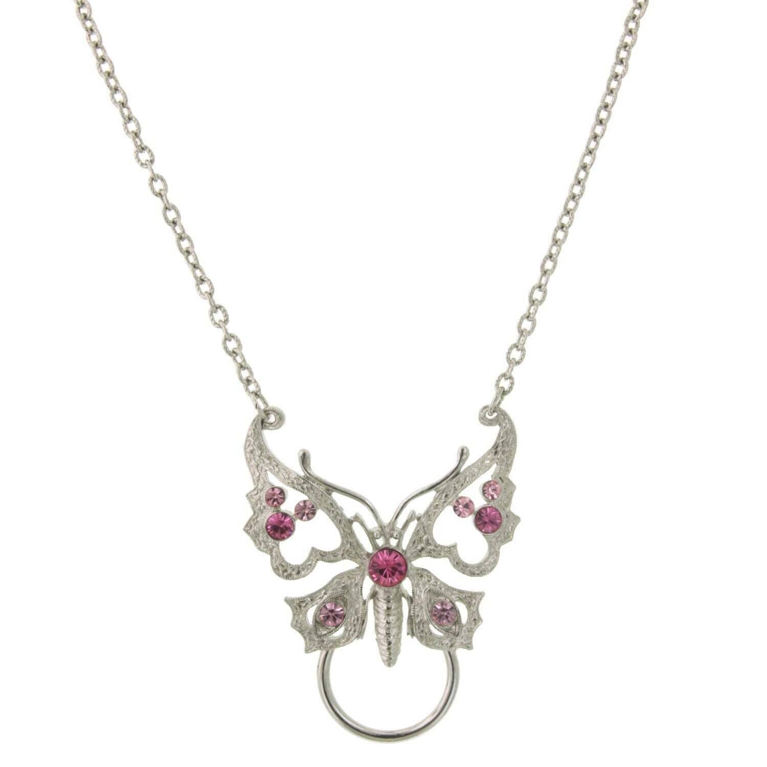 Pink Crystal Butterfly Badge & Eyeglass Holder Chain Necklace 28"