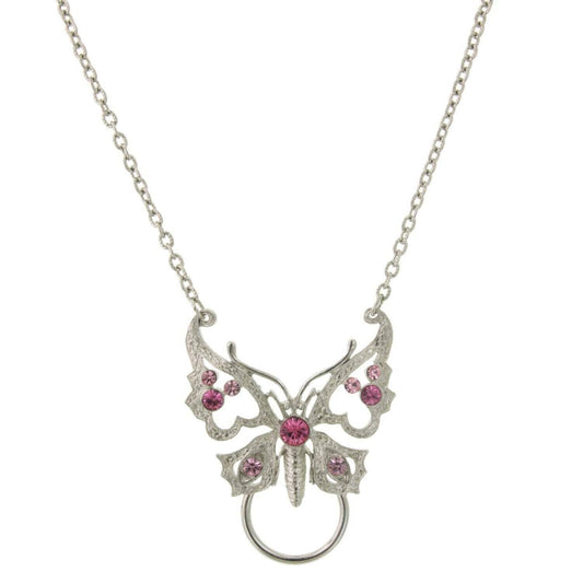 Pink Crystal Butterfly Badge & Eyeglass Holder Chain Necklace 28"