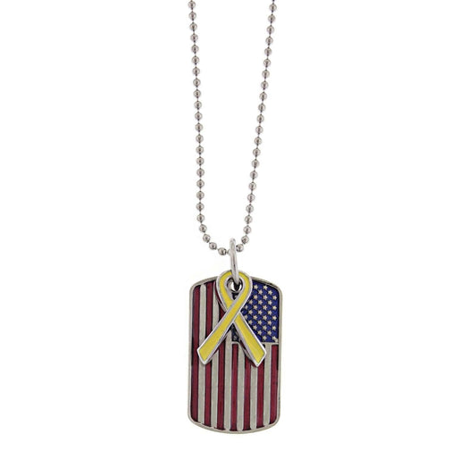 American Flag Dog Tag With Yellow Ribbon Pendant Necklace 24"