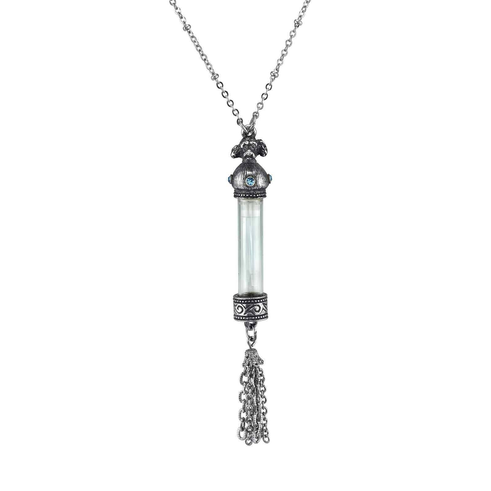 Antiqued Dog Light Blue Crystal Glass Vial Tassel Necklace 30"
