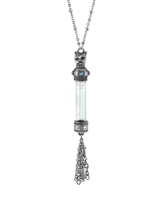 Antiqued Cat Light Blue Crystal Vial Glass Tassel Necklace 30"