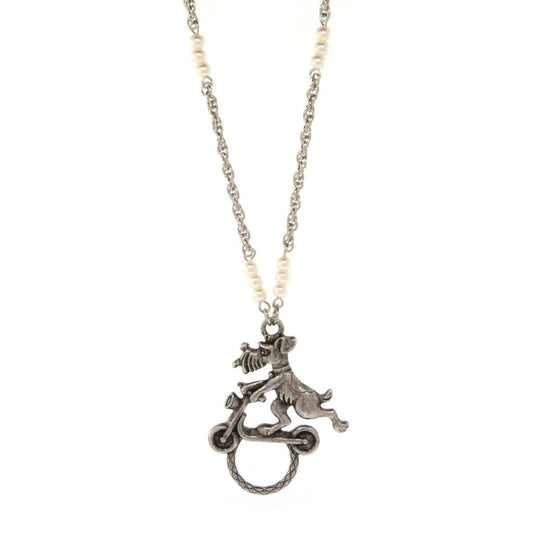 Dog On Scooter With Faux Pearl Badge & Eyeglass Holder Chain Necklace 30"