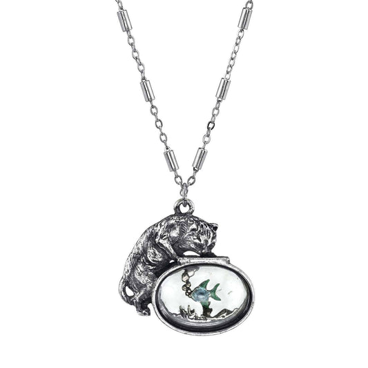 Whimsical Cat & Blue and Green Fish Pendant Necklace 30"