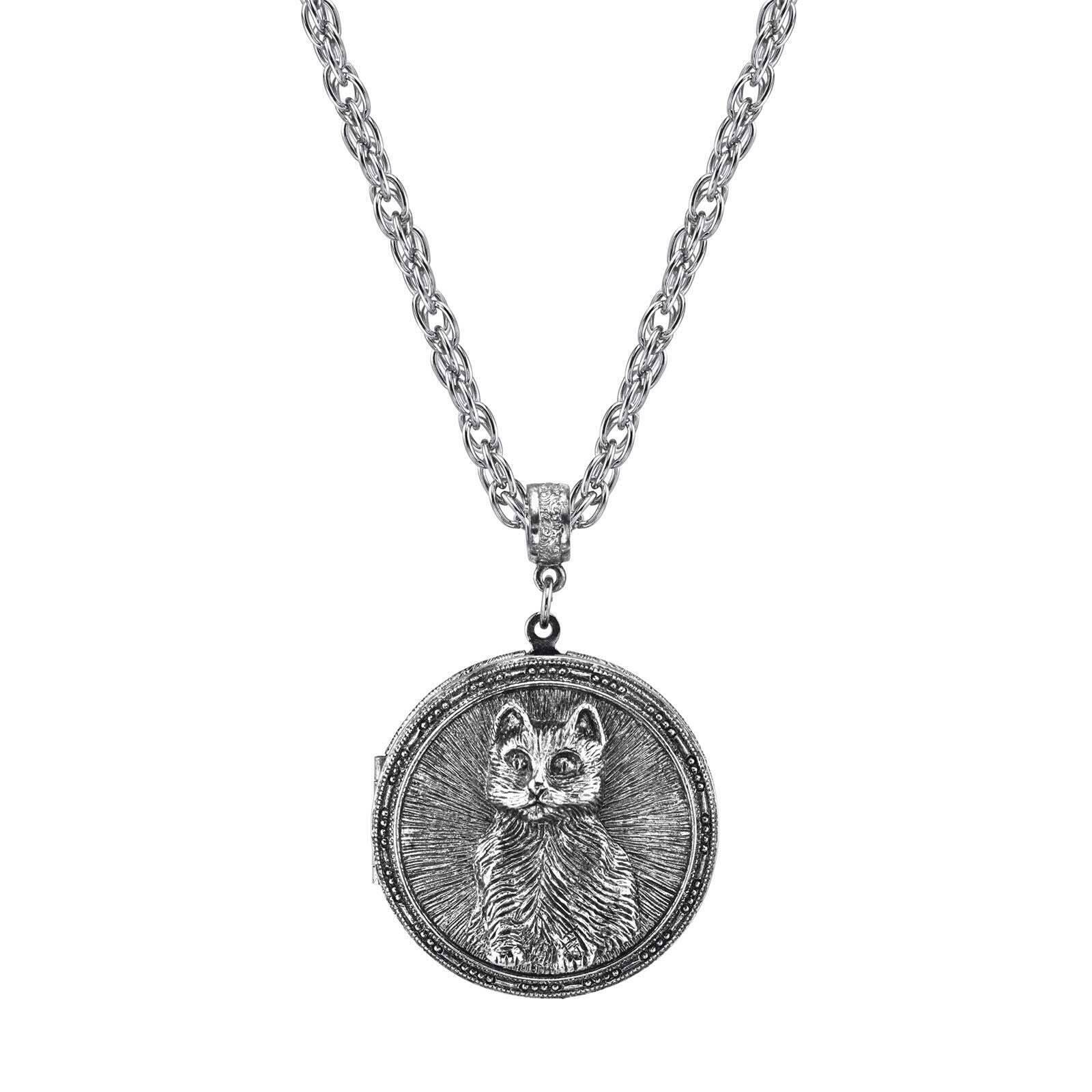 Pewter Cat Locket Necklace 30"