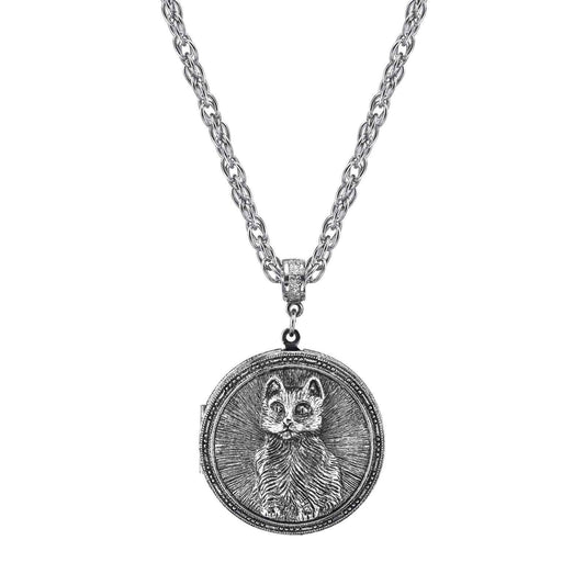 Pewter Cat Locket Necklace 30"