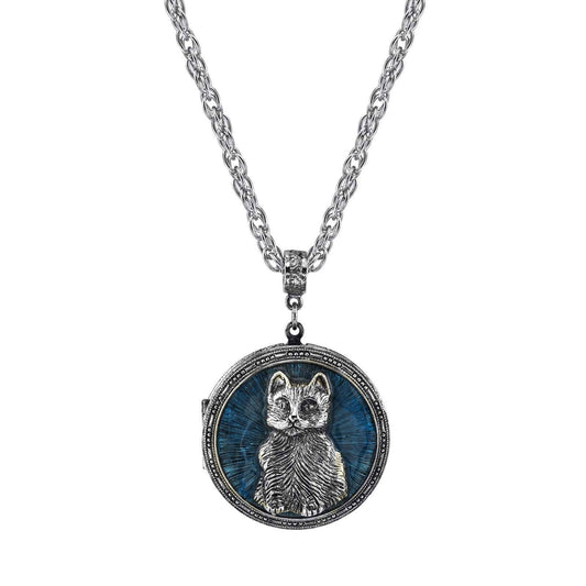 Blue Enamel Cat Locket Necklace 30"