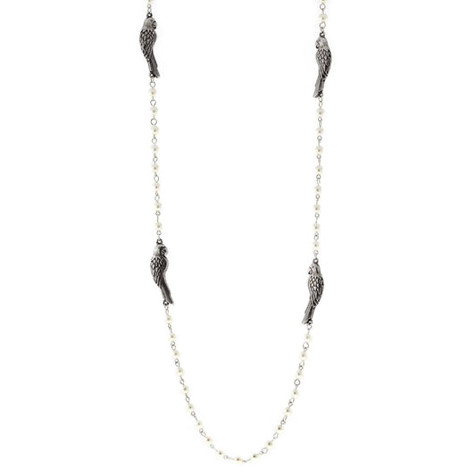 Parrot White Faux Pearl Chain Necklace 36"