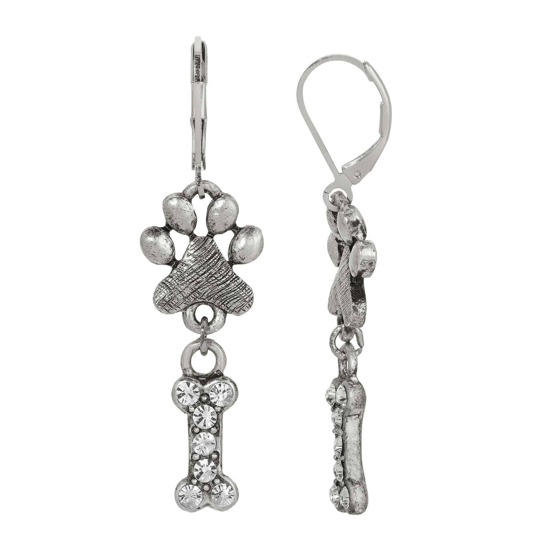 Paw & Clear Crystal Bone Dangling Earrings