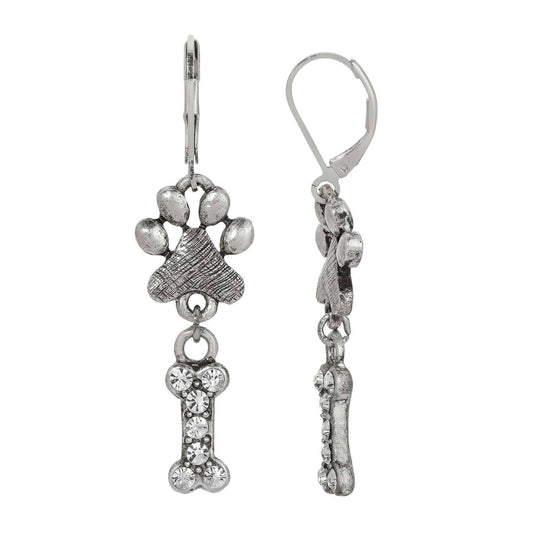 Paw & Clear Crystal Bone Dangling Earrings