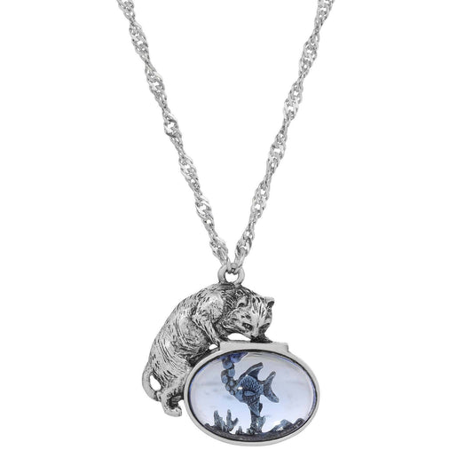Whimsical Cat & Blue Fish Pendant Necklace 18"