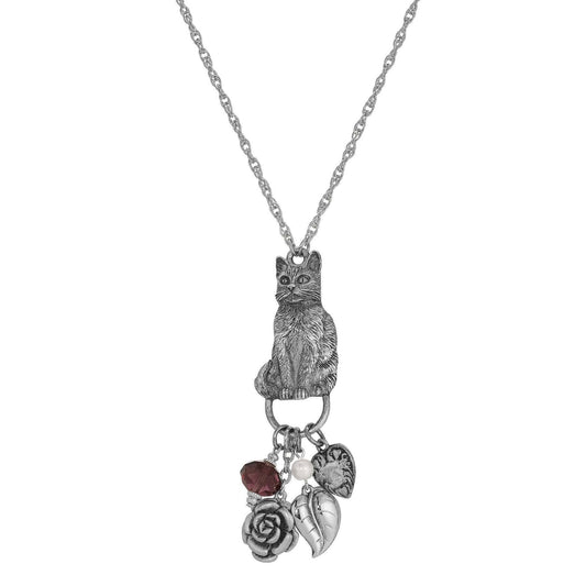 Sitting Cat Pendant & Charms Necklace 28"