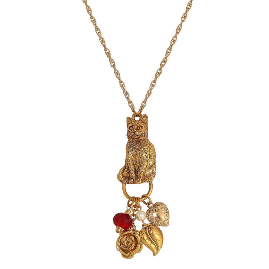 Sitting Cat Pendant & Charms Necklace 28"
