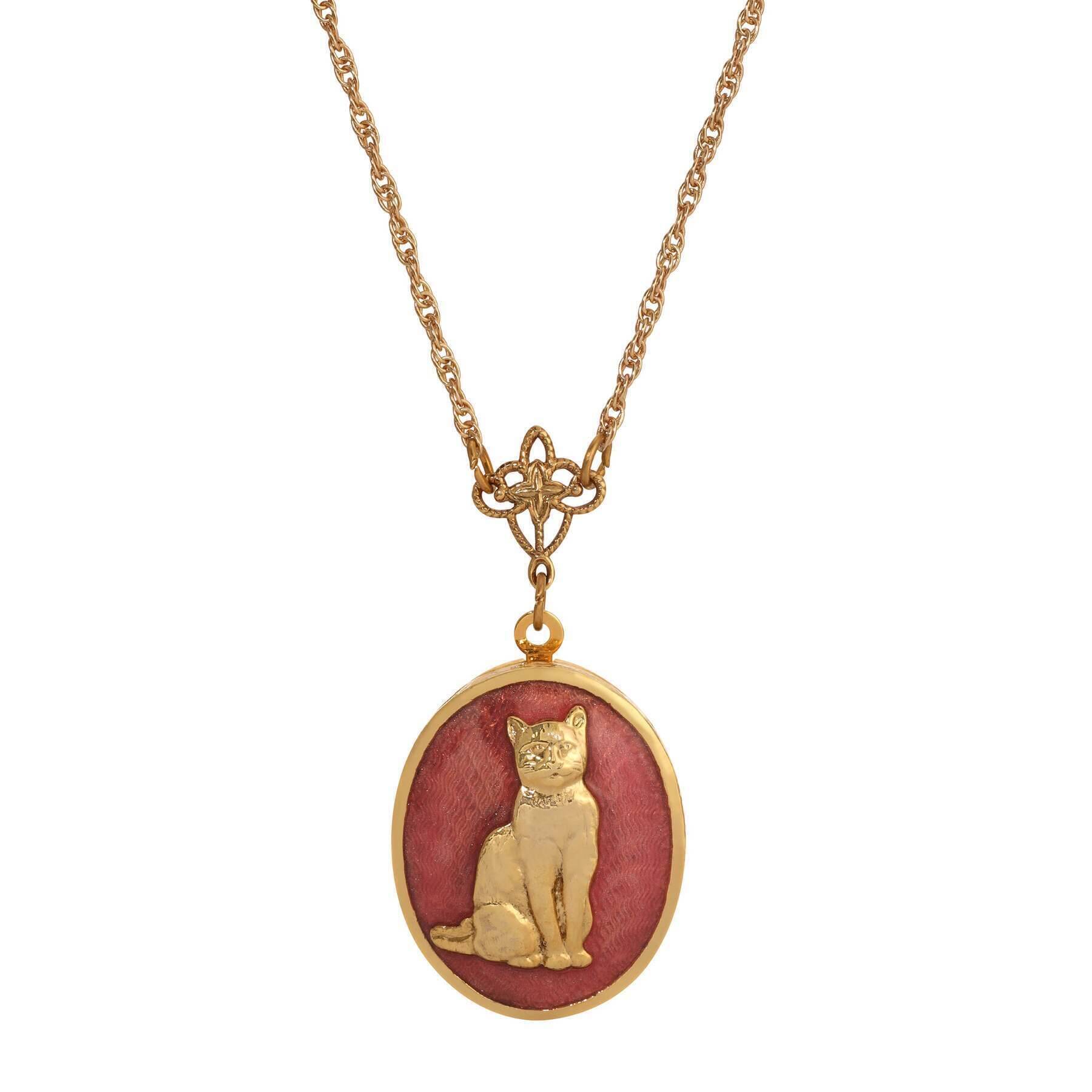 Sitting Cat Oval Enamel Locket Necklace 24"
