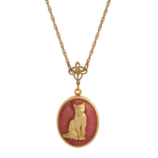 Sitting Cat Oval Enamel Locket Necklace 24"
