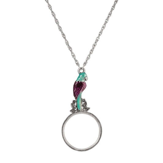 Neotropic Exotic Parrot  Amethyst & Blue Zircon Magnifying Glass Pendant Necklace 30" - Magnification Power: 1-2X