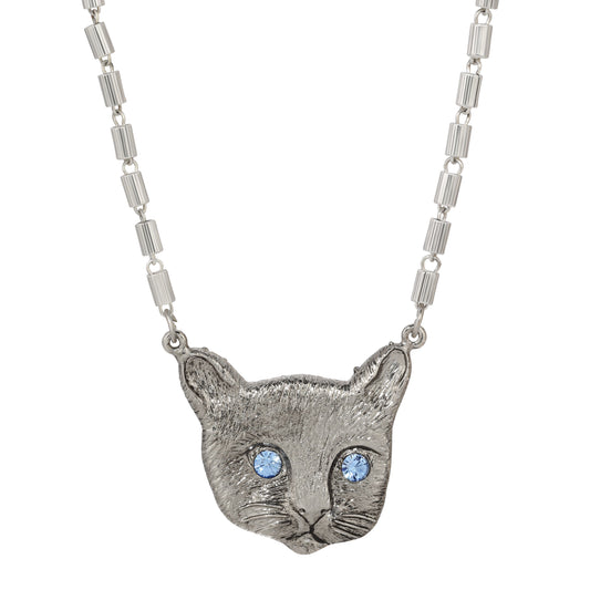 Meow Meow Blue Crystal Eyes Pendant Necklace 17"