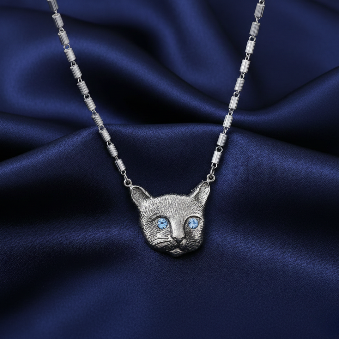Meow Meow Blue Crystal Eyes Pendant Necklace 17"