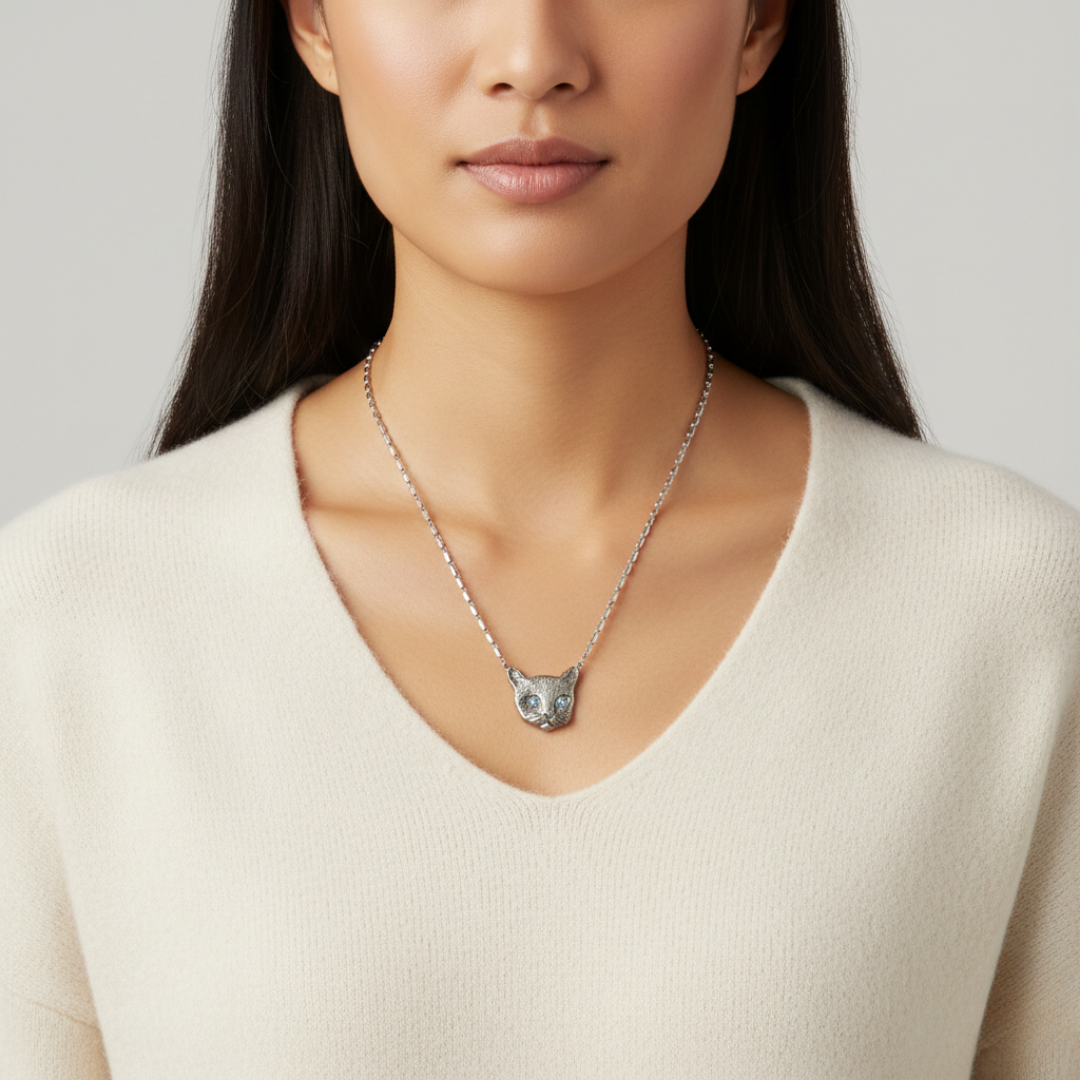 Meow Meow Blue Crystal Eyes Pendant Necklace 17"