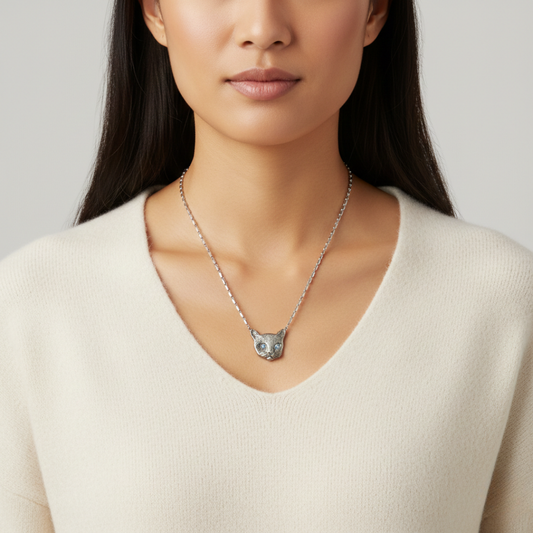 Meow Meow Blue Crystal Eyes Pendant Necklace 17"