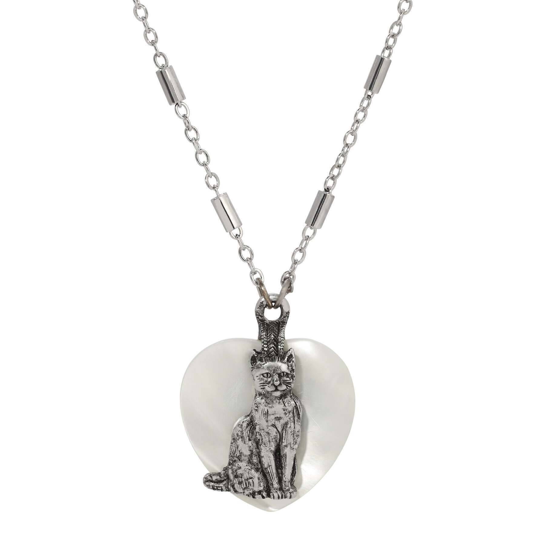 Whimsical Cat Mother Of Pearl Heart Pendant Necklace 18"
