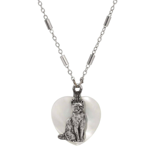 Whimsical Cat Mother Of Pearl Heart Pendant Necklace 18"