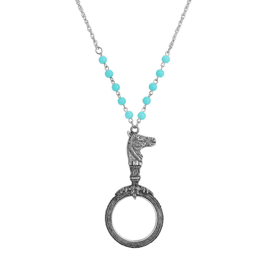 Turquoise Bead Equine Magnifying Glass Pendant Necklace 28"L - Magnification Power: 1-2X