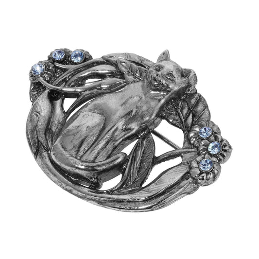 Whimsical Cat & Floral Vine Light Sapphire Blue Crystal Pin