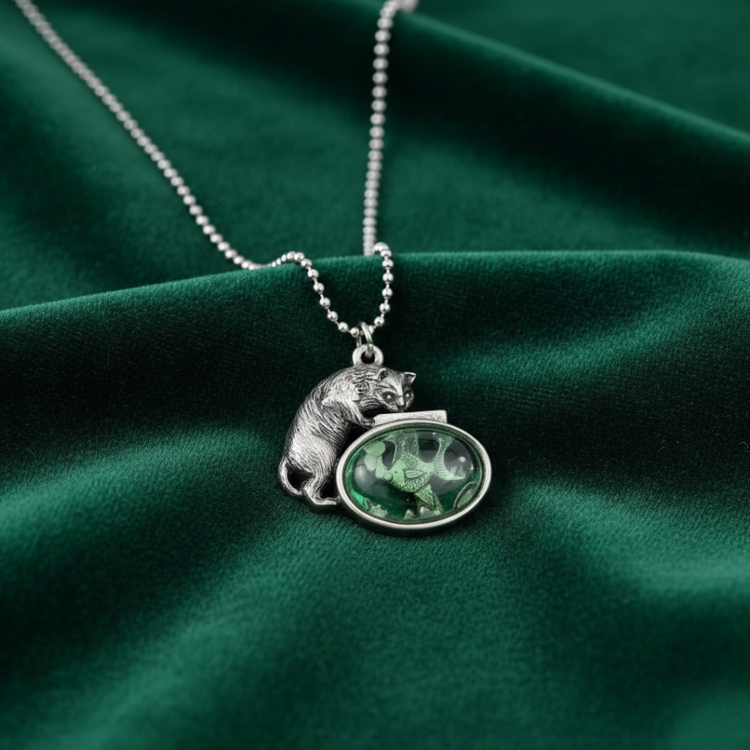 Whimsical Cat & Green Fish Pendant Ball Chain Necklace 18"
