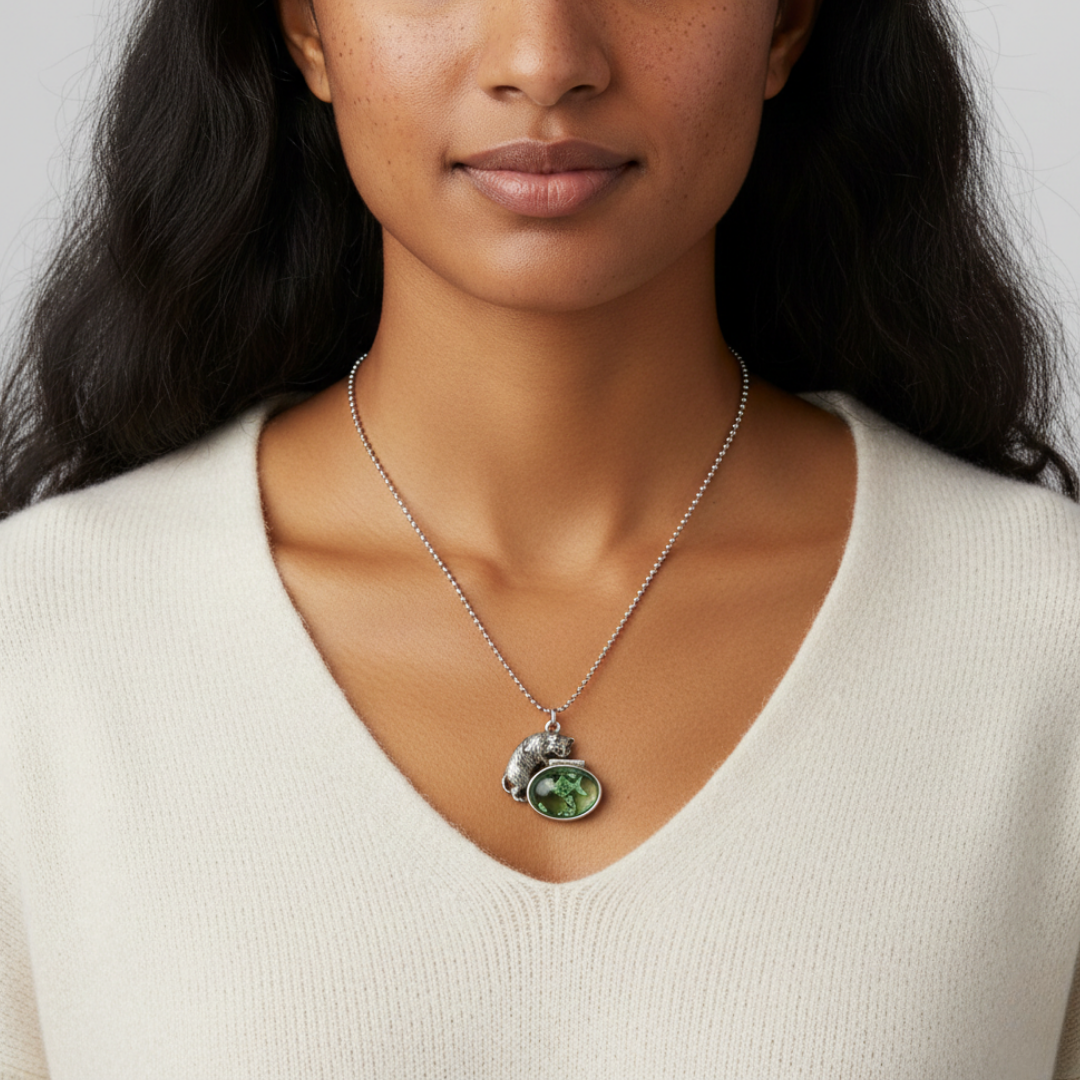 Whimsical Cat & Green Fish Pendant Ball Chain Necklace 18"