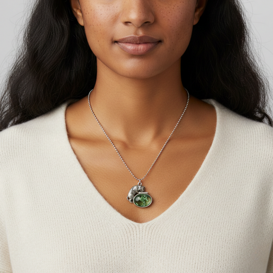 Whimsical Cat & Green Fish Pendant Ball Chain Necklace 18"