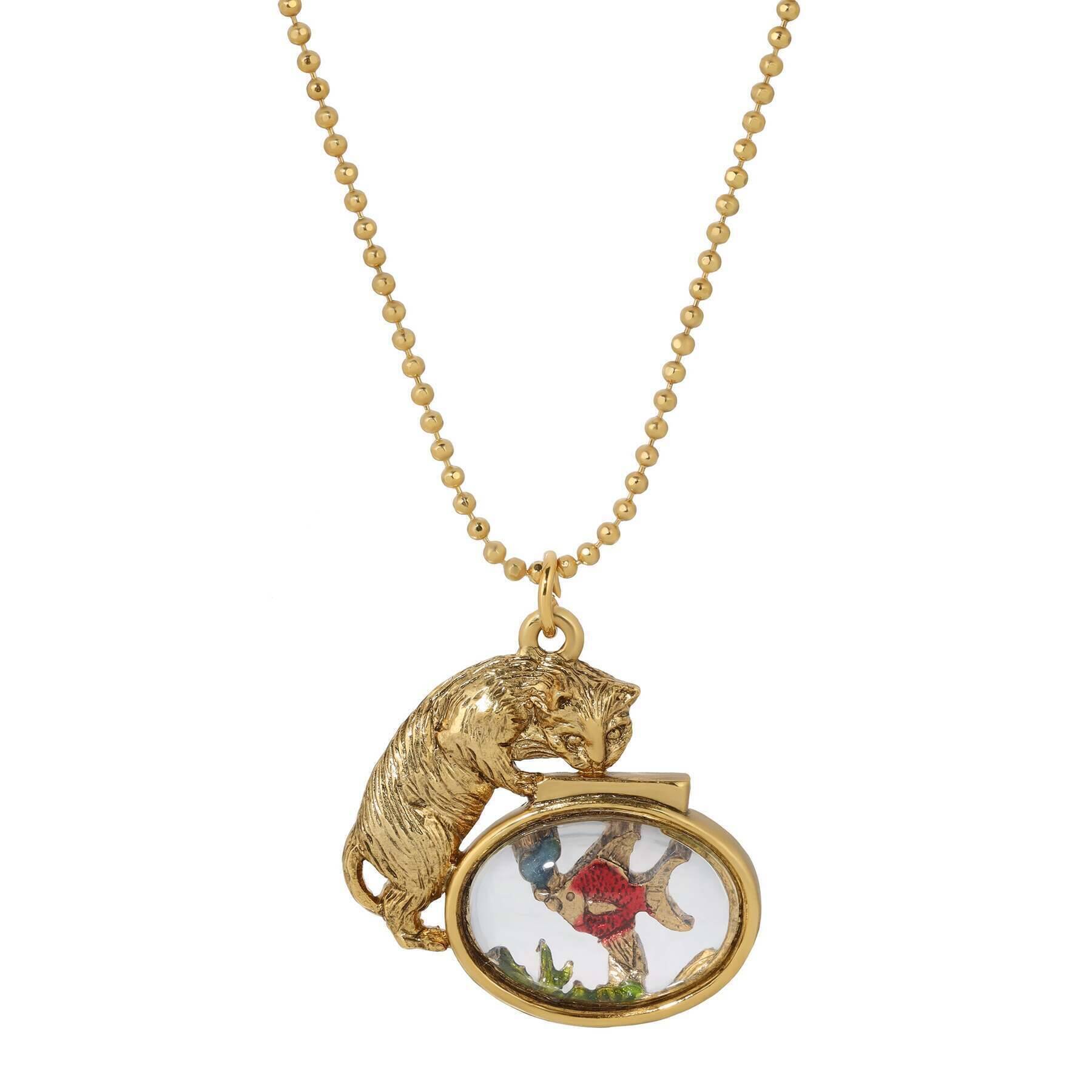 Whimsical Cat & Fish Pendant Necklace 18"