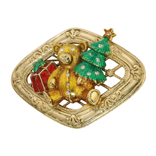 Teddy Bear With Christmas Tree & Gift Brooch Pin