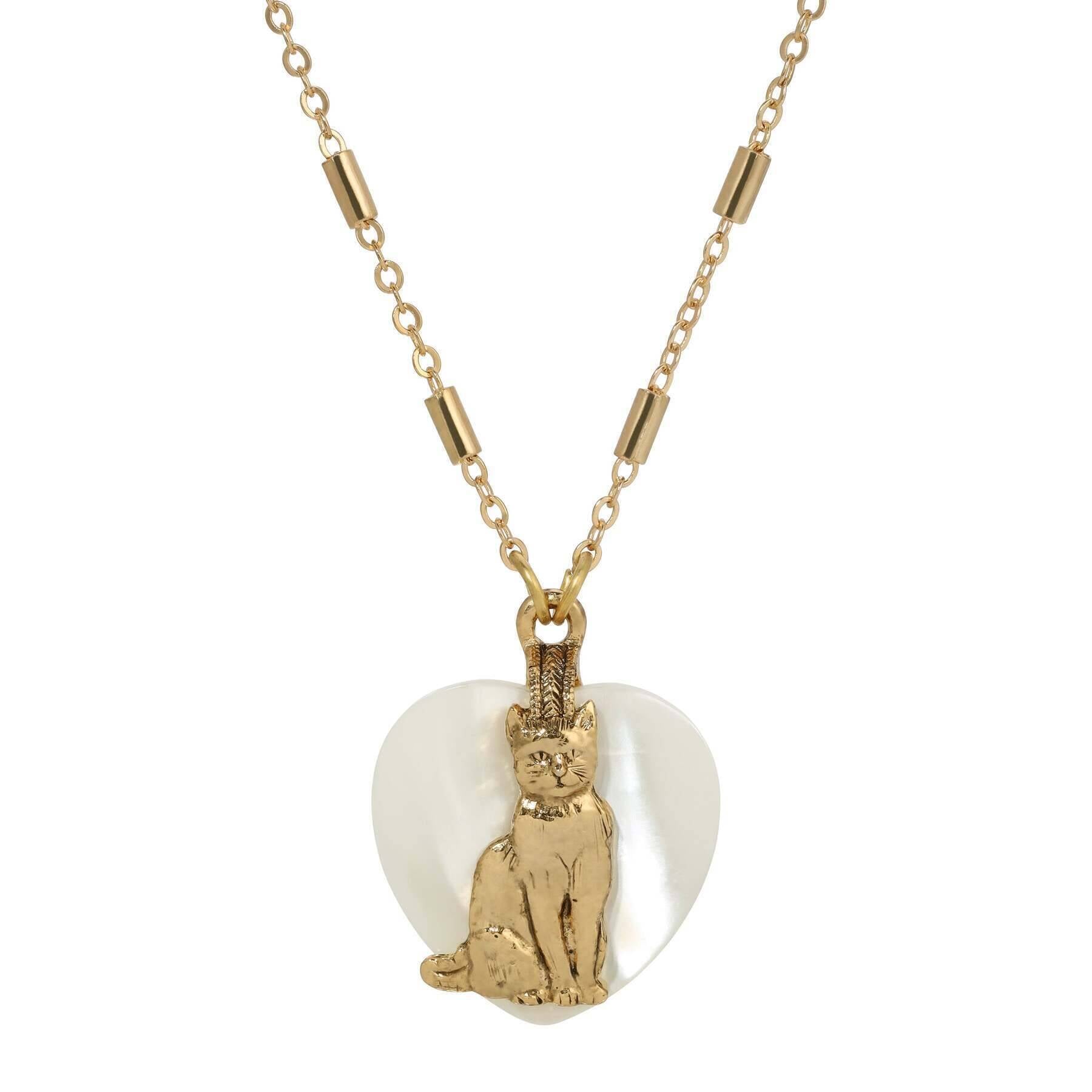 Whimsical Cat Mother Of Pearl Heart Pendant Necklace 18"