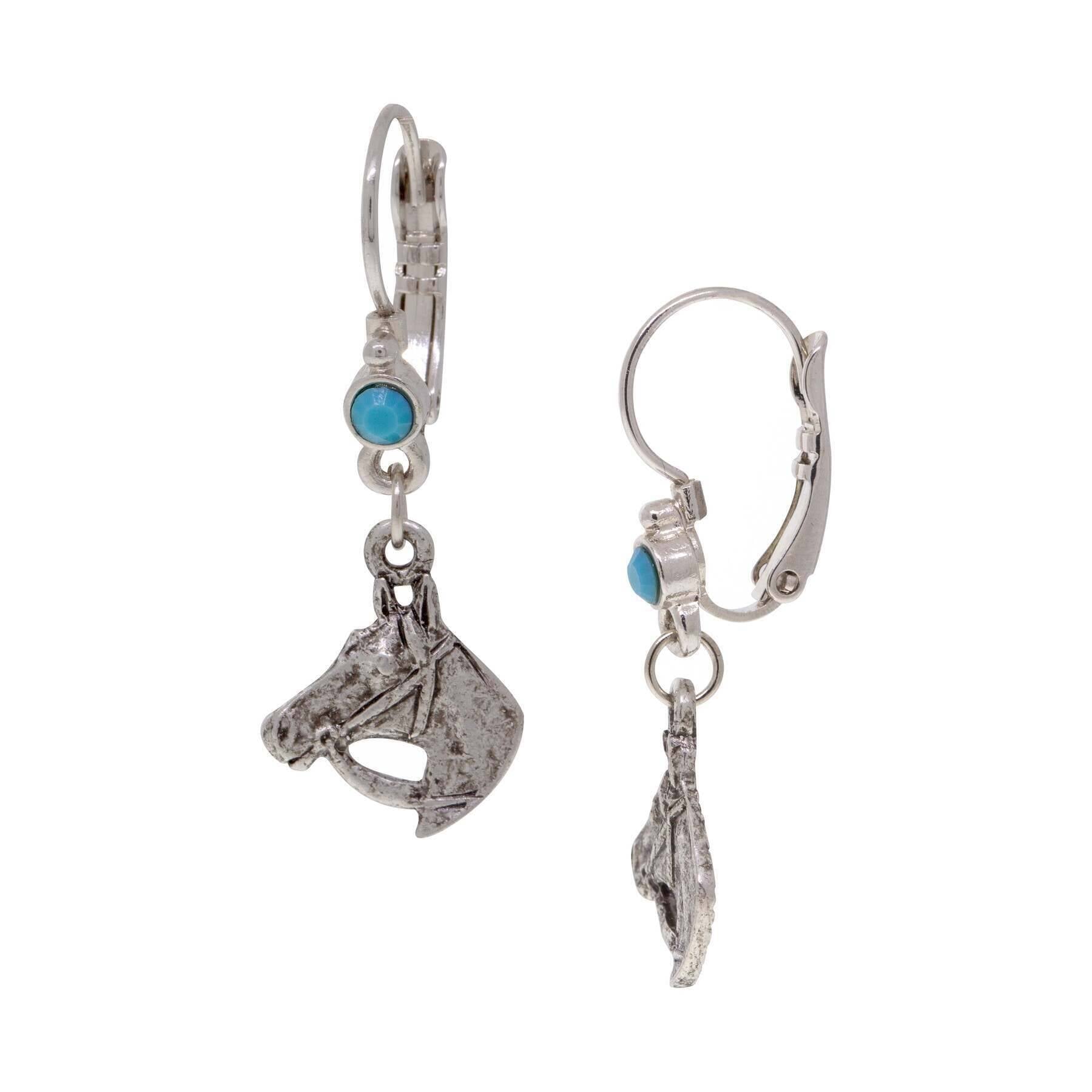 Horse With Bridle Round Turquoise Crystal Dangling Earrings