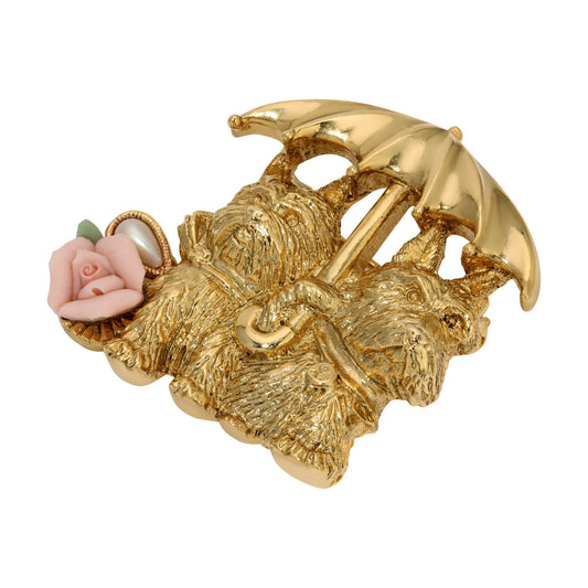 Yorkies In The Rain Porcelain Rose Brooch