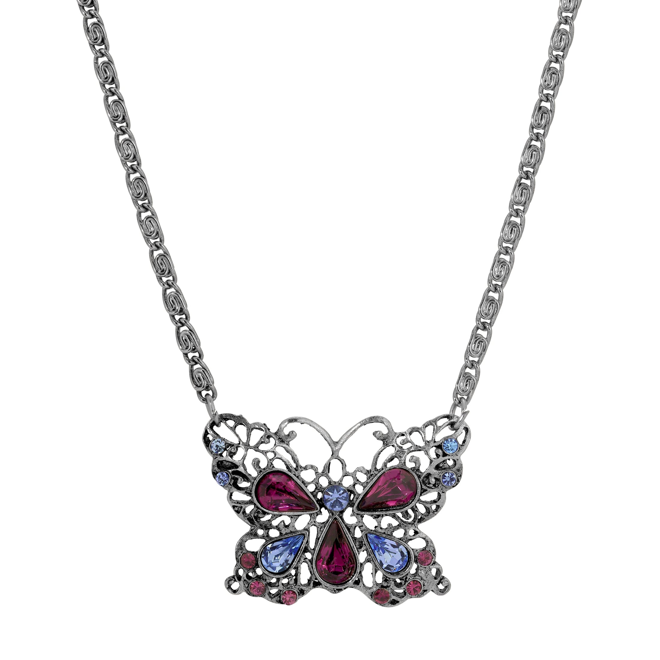Light Sapphire & Amethyst Crystal Butterfly Pendant Necklace 16" + 3" Extension
