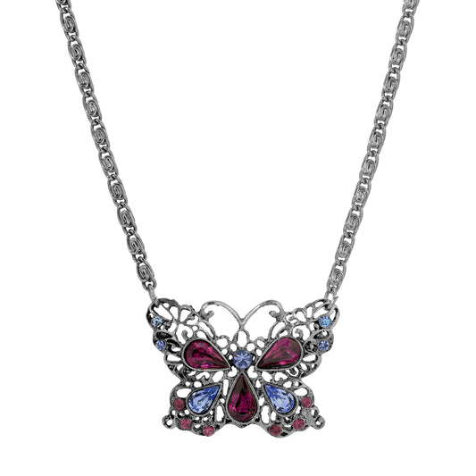 Light Sapphire & Amethyst Crystal Butterfly Pendant Necklace 16" + 3" Extension
