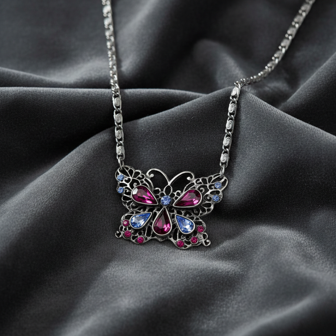 Light Sapphire & Amethyst Crystal Butterfly Pendant Necklace 16" + 3" Extension