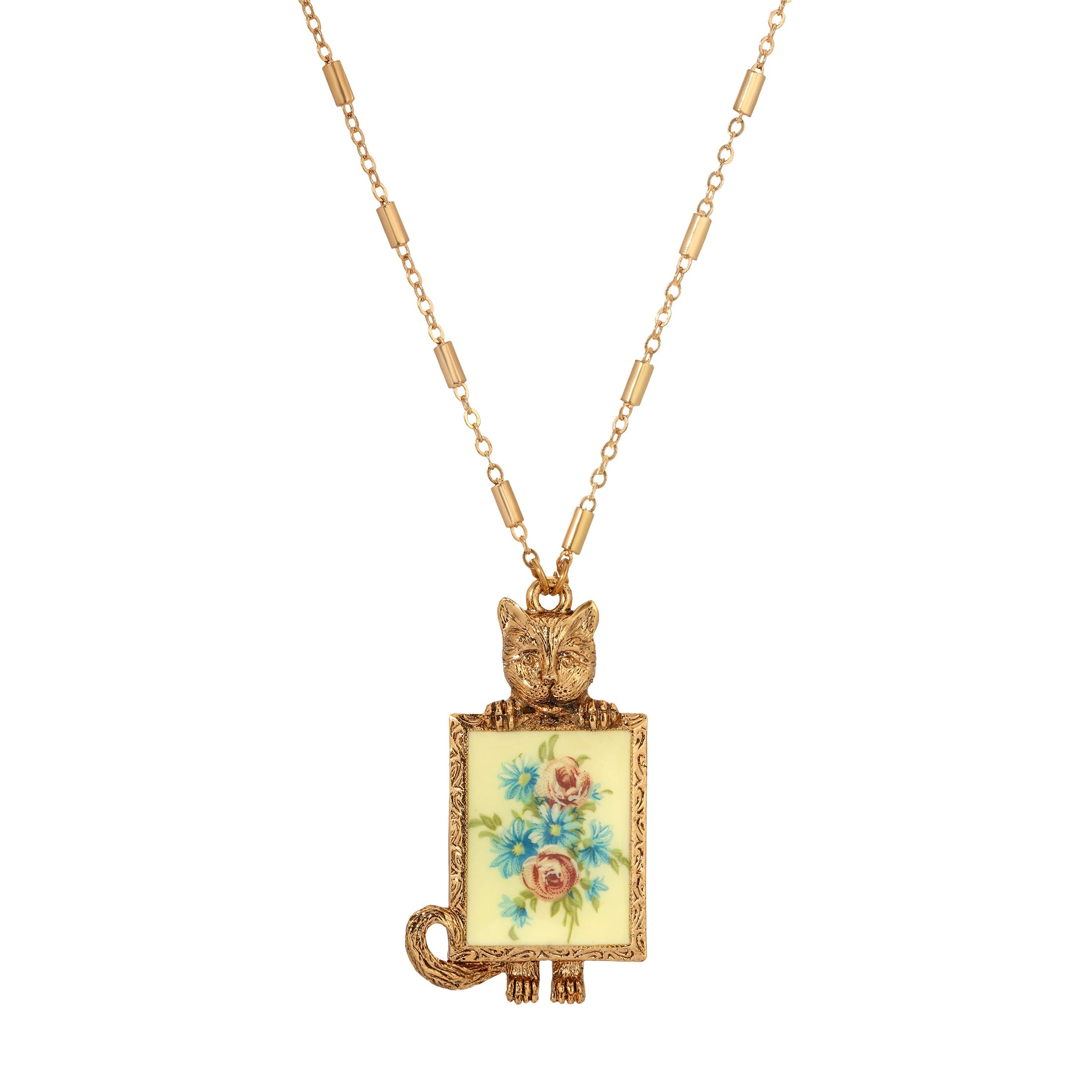 Vintage Cat & Floral Portrait Pendant Necklace 28"