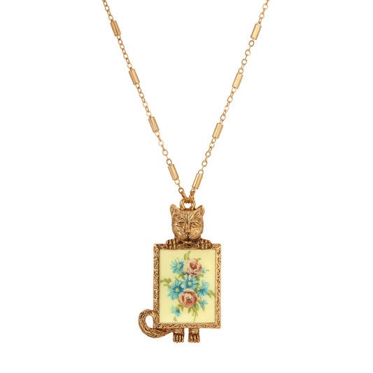 Vintage Cat & Floral Portrait Pendant Necklace 28"
