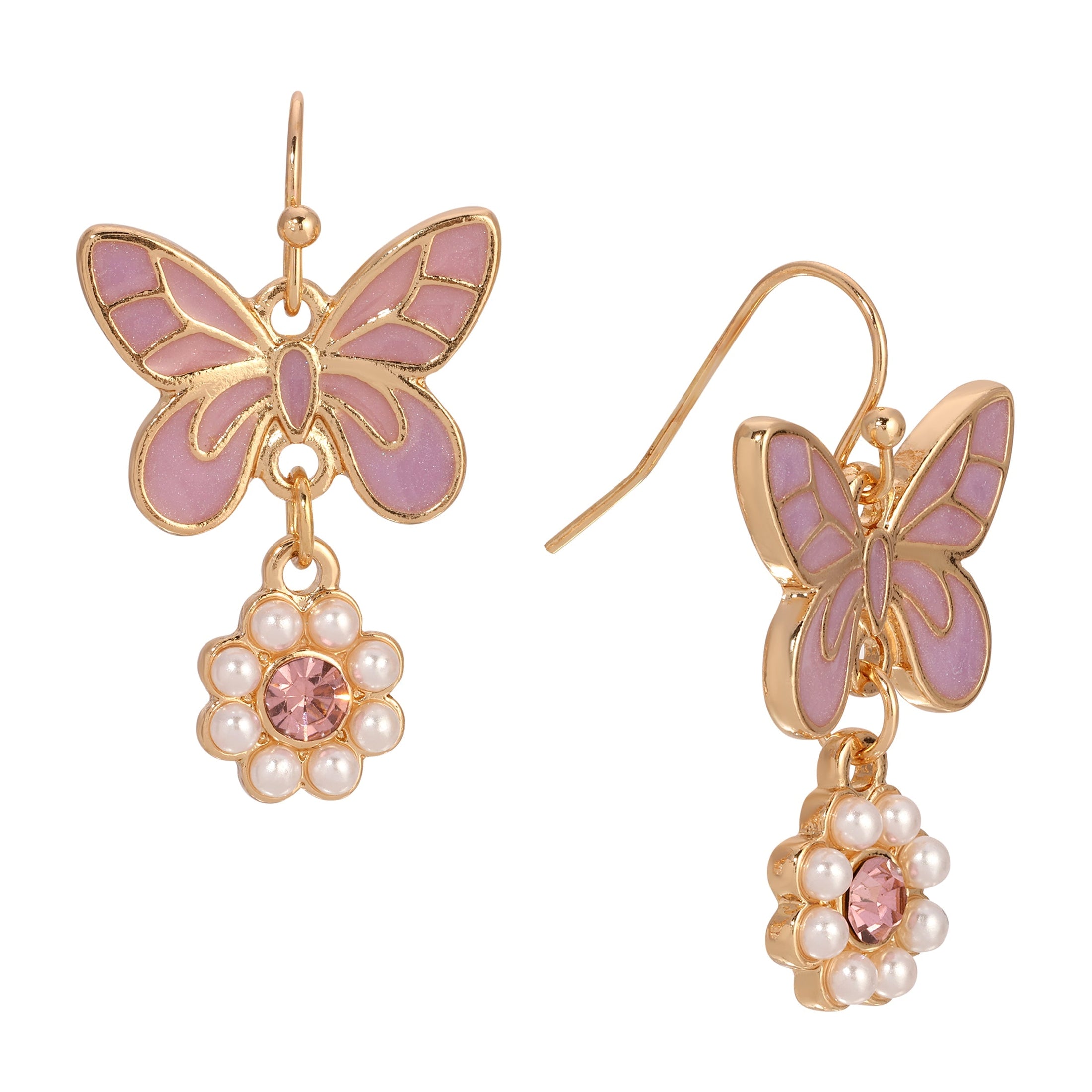Pink Butterfly Faux Pearl Bloom Dangling Earrings