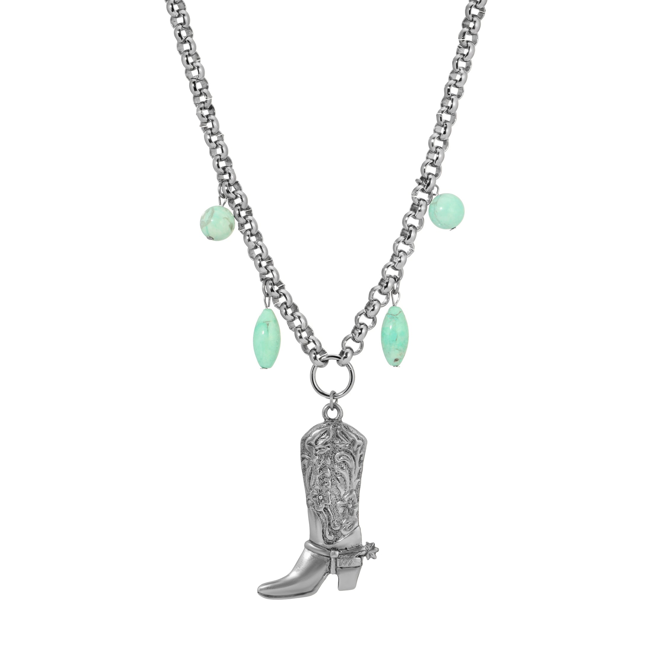 Turquoise Dyed Howlite Gemstone Beaded Cowboy Boot Pendant Necklace 18"
